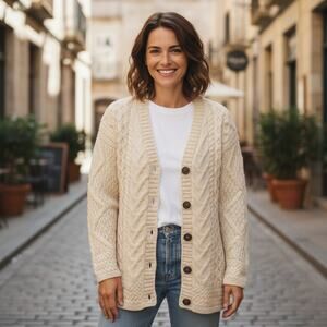 NEW Kilronan Sweater Womens XS Beige Merino Wool Cable Cardigan Heavy Ireland